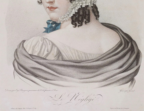 Portrait De Femme Le Négligé Gravure Ancienne Aquarellée 19th C