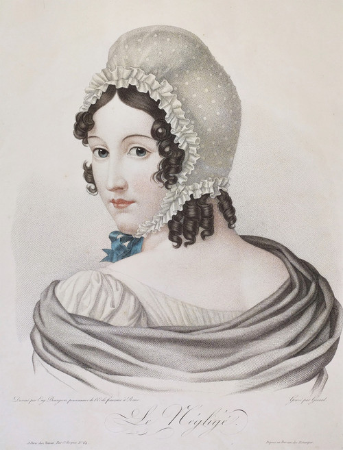 Portrait De Femme Le Négligé Gravure Ancienne Aquarellée 19th C