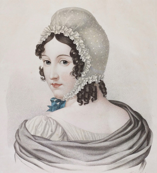 Portrait De Femme Le Négligé Gravure Ancienne Aquarellée 19th C