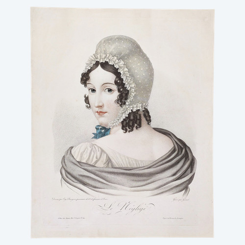 Portrait De Femme Le Négligé Gravure Ancienne Aquarellée 19th C