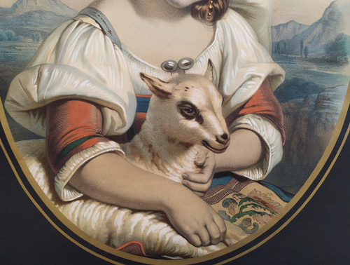 Italienne Avec Un Agneau, Lithographie Aquarellée XIXème