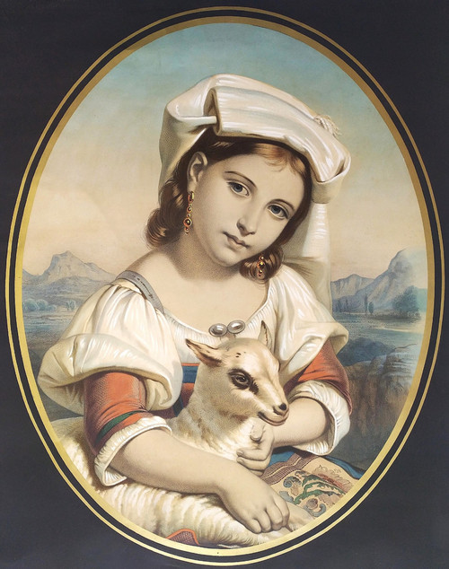 Italienne Avec Un Agneau, Lithographie Aquarellée XIXème