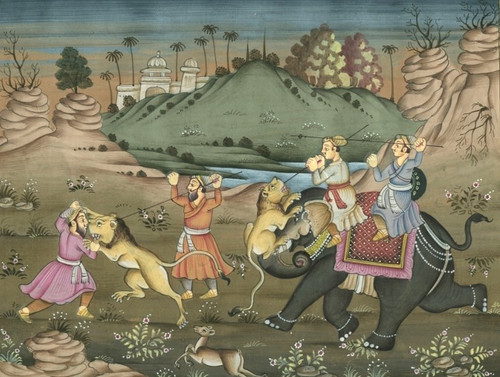 INDIA - Gouache and gold - Lion hunting - Original drawing