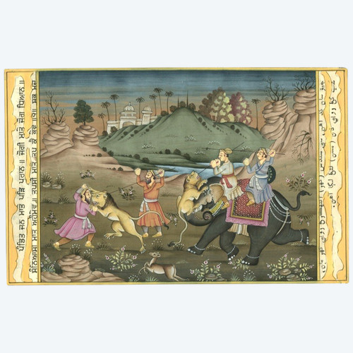 INDIA - Gouache and gold - Lion hunting - Original drawing