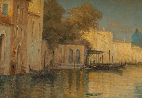 Alphonse Lecoz A canal in Venice with Santa Maria della Salute in the background oil on canvas circa