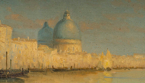 Alphonse Lecoz A canal in Venice with Santa Maria della Salute in the background oil on canvas circa