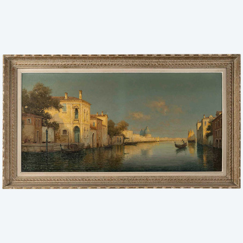 Alphonse Lecoz A canal in Venice with Santa Maria della Salute in the background oil on canvas circa