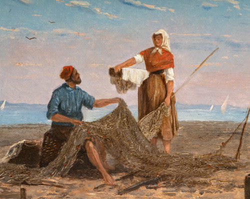 Frank William Warwick Topham (1838-1924) Capri La réparation des filets huile sur panneau vers 1863
