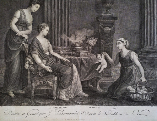 Engraving By Beauvarlet The Merchant Of Loves Etching 18th C Old Print
