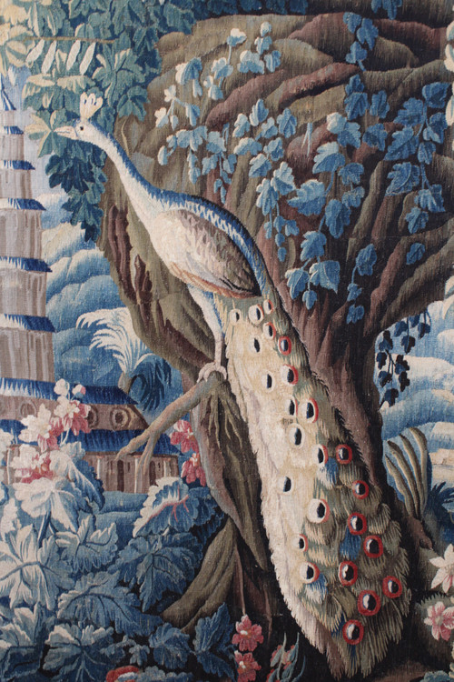  „Aubusson-Wandteppich „Exotische Landschaft mit Pfau und Pagode“ 18. Jahrhundert.“