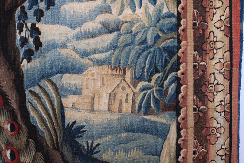  „Aubusson-Wandteppich „Exotische Landschaft mit Pfau und Pagode“ 18. Jahrhundert.“