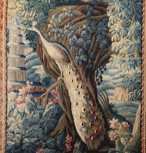  „Aubusson-Wandteppich „Exotische Landschaft mit Pfau und Pagode“ 18. Jahrhundert.“