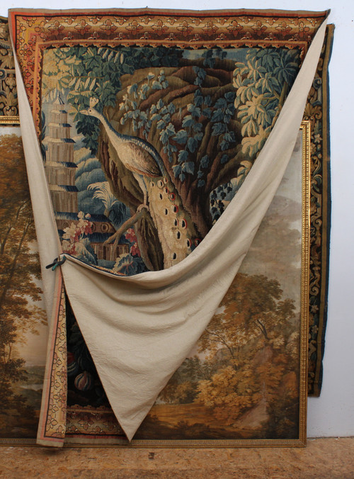  „Aubusson-Wandteppich „Exotische Landschaft mit Pfau und Pagode“ 18. Jahrhundert.“