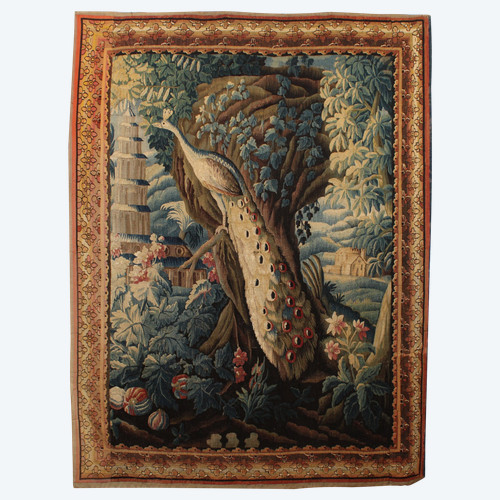  „Aubusson-Wandteppich „Exotische Landschaft mit Pfau und Pagode“ 18. Jahrhundert.“