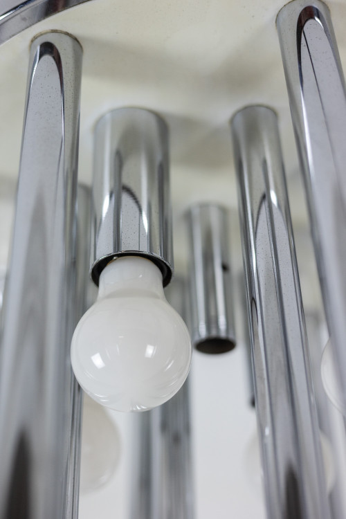Lampadario in vetro di Murano e metallo cromato. Anni '70