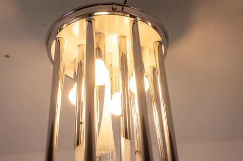 Lampadario in vetro di Murano e metallo cromato. Anni '70