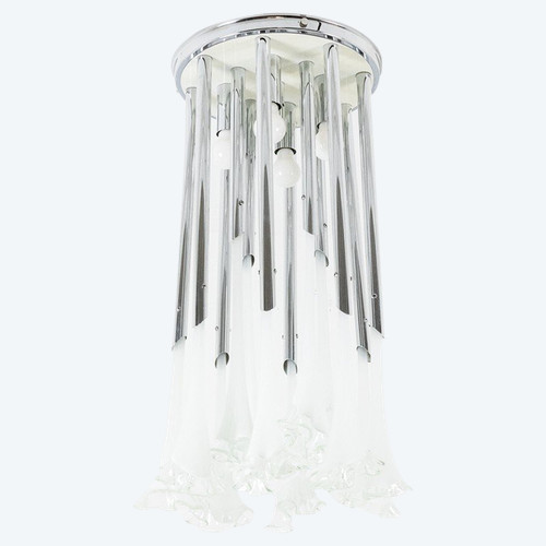 Lampadario in vetro di Murano e metallo cromato. Anni '70