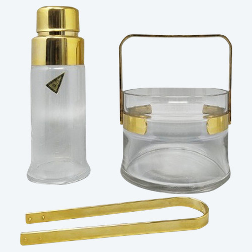 Superbe shaker à cocktail avec seau à glace des années 1970 par Dorval en plaqué or 24 carats et cristal. Fabriqué en Italie