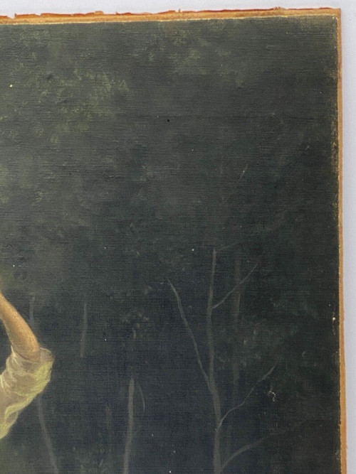 Olio su cartone Fanciulla con brocca fine XIX secolo Barbizon del sottobosco