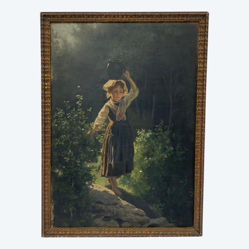 Olio su cartone Fanciulla con brocca fine XIX secolo Barbizon del sottobosco