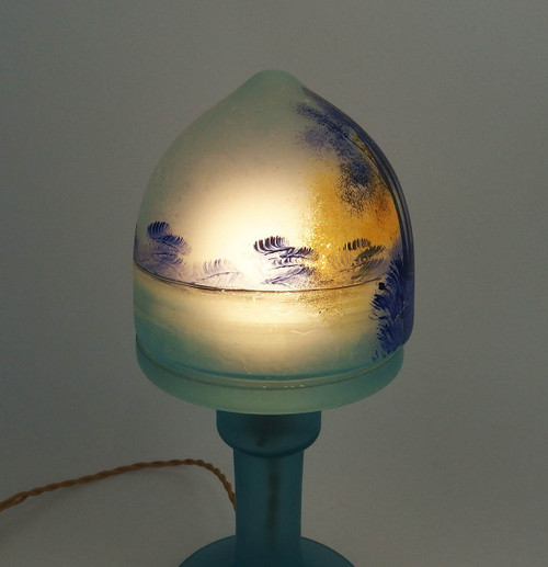 Mushroom lamp with painted landscape decoration