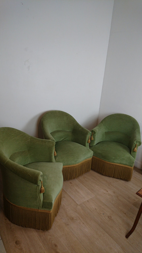 Suite de 3 fauteuils crapaud vert bouteille 