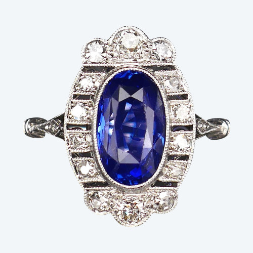 Anello Art Déco con zaffiro naturale non riscaldato e diamanti, certificato.