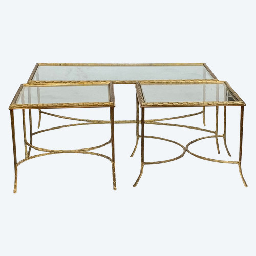 1970′ Coffee Table and its 2 Bronze End Tables, Palm Tree Model, Maison Charles