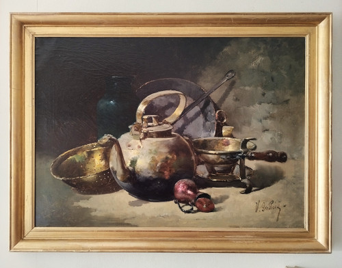 Victor Gallois Ölgemälde auf Leinwand Stillleben mit Messing 19