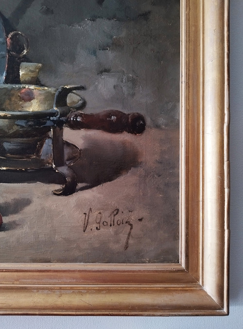 Victor Gallois Ölgemälde auf Leinwand Stillleben mit Messing 19