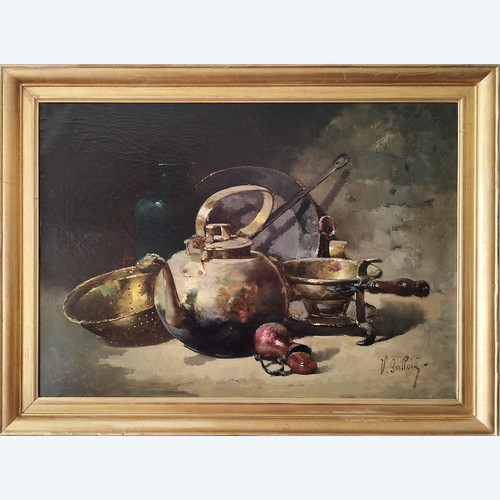 Victor Gallois Ölgemälde auf Leinwand Stillleben mit Messing 19