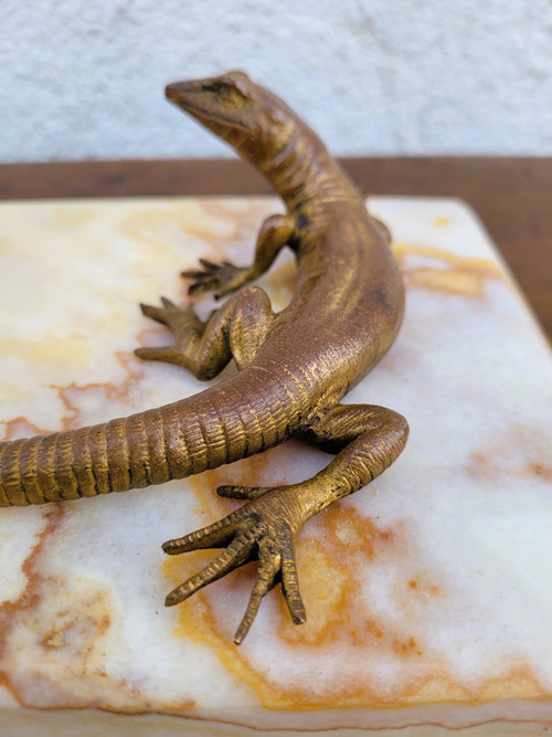 Eidechsenskulptur aus Bronze und Onyx, spätes 19. frühes 20. Jahrhundert