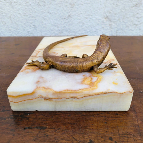 Eidechsenskulptur aus Bronze und Onyx, spätes 19. frühes 20. Jahrhundert
