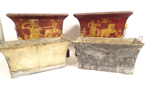 Pair of Empire planters, painted sheet metal, gilding, mythological chariot gods, 19th century