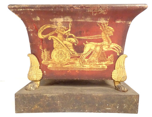 Pair of Empire planters, painted sheet metal, gilding, mythological chariot gods, 19th century
