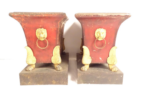 Pair of Empire planters, painted sheet metal, gilding, mythological chariot gods, 19th century
