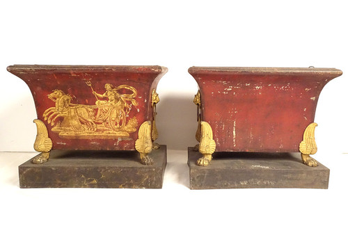 Pair of Empire planters, painted sheet metal, gilding, mythological chariot gods, 19th century