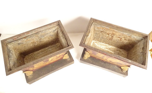 Pair of Empire planters, painted sheet metal, gilding, mythological chariot gods, 19th century