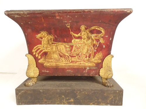 Pair of Empire planters, painted sheet metal, gilding, mythological chariot gods, 19th century
