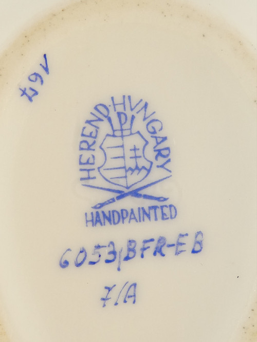 FANCY BOX Egg lying candy box HEREND HUNGARY BFR-EB BOUQUET OF FRUITS blue