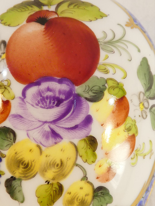FANCY BOX Egg lying candy box HEREND HUNGARY BFR-EB BOUQUET OF FRUITS blue