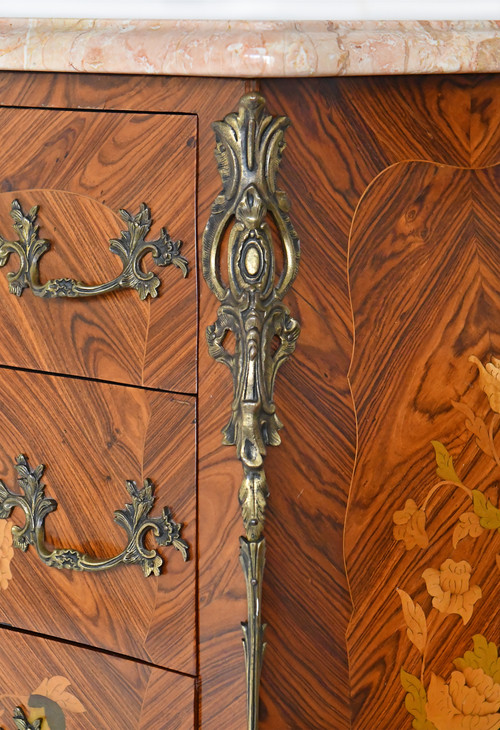 Cassettiera in stile Luigi XV con intarsi floreali