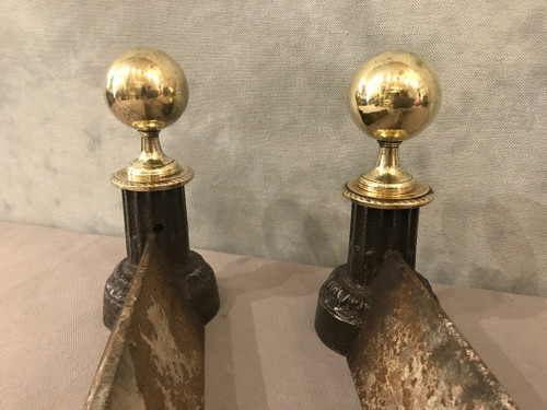 Pair of 19th century cast iron and polished brass andirons