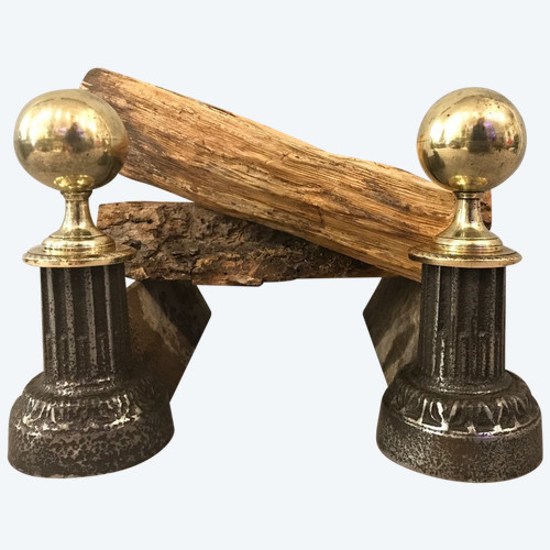 Pair of 19th century cast iron and polished brass andirons