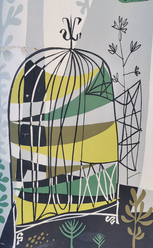 René Fumeron Frau mit Vögeln Acryl Auf Papier