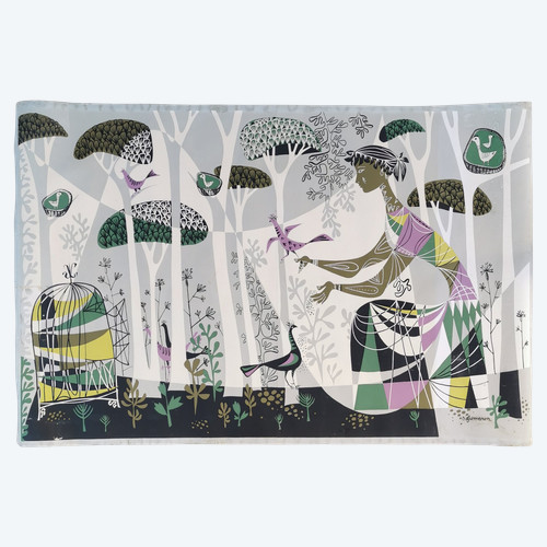 René Fumeron Frau mit Vögeln Acryl Auf Papier