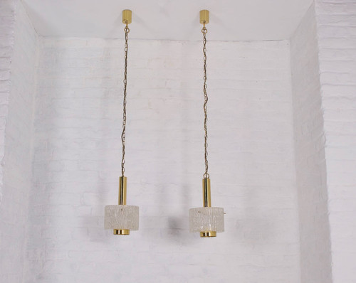 Hanging lamps in brass and Murano Ice Glass