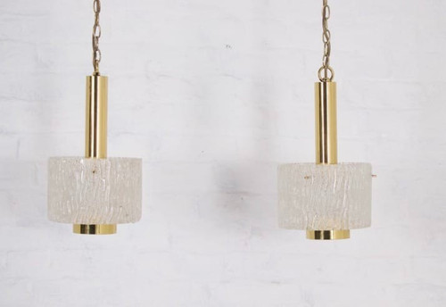 Hanging lamps in brass and Murano Ice Glass