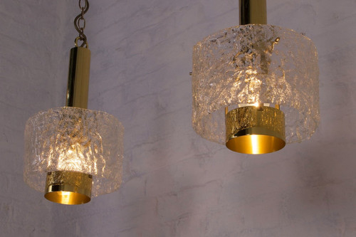 Lampade a sospensione in ottone e vetro ghiaccio di Murano