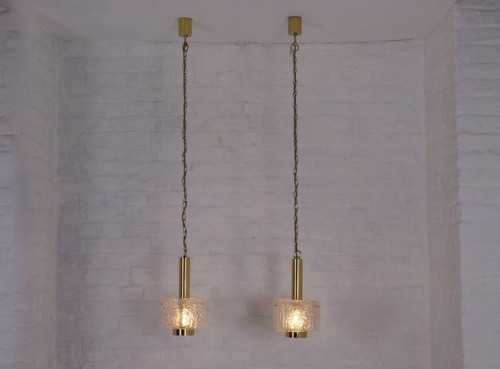 Lampade a sospensione in ottone e vetro ghiaccio di Murano